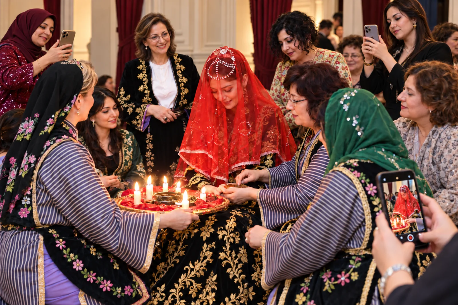 The bride in a red veil at the candlelit henna tray while guests film on their phones