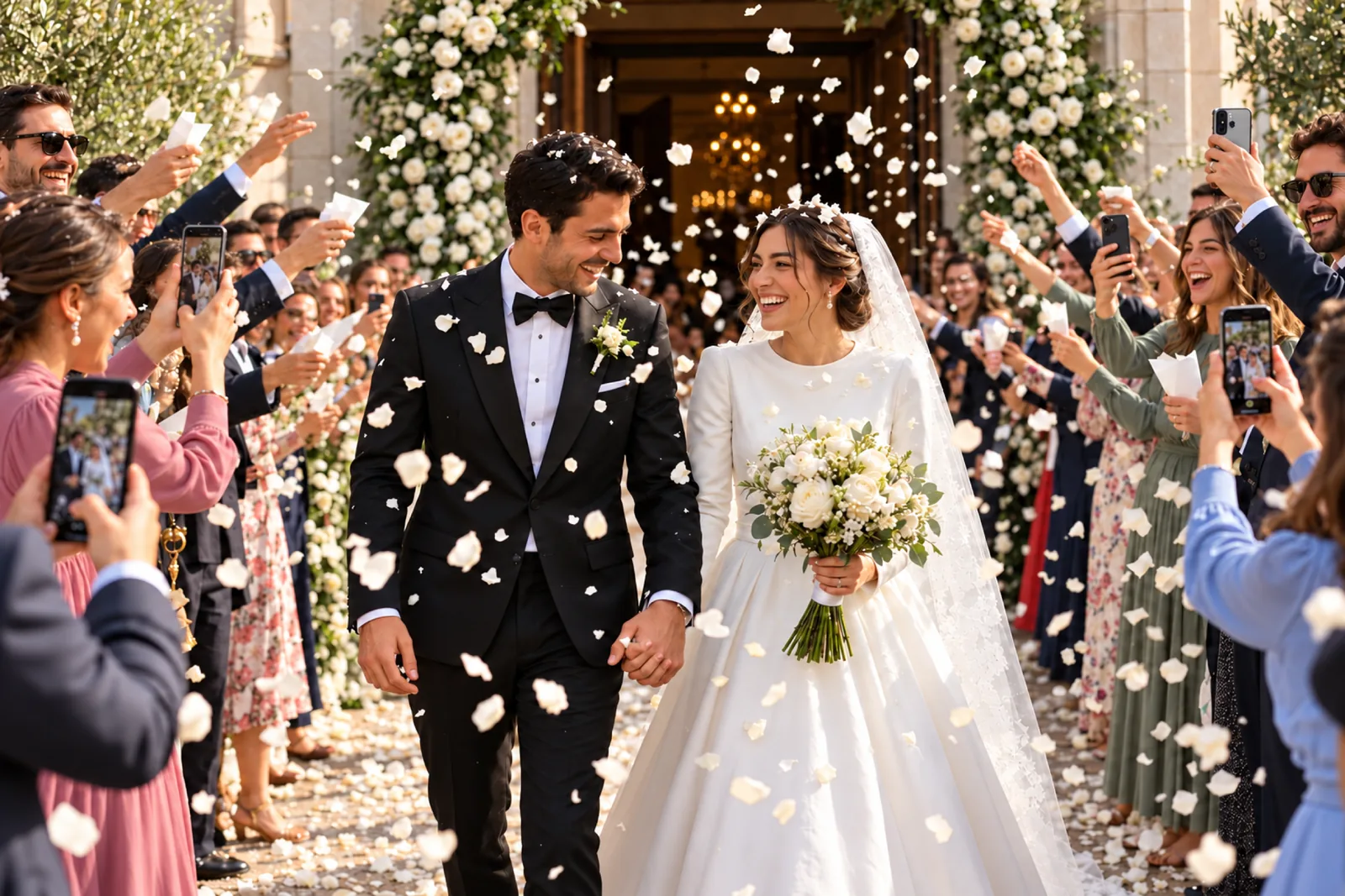Bride and groom walking under falling petals between guests filming on their phones